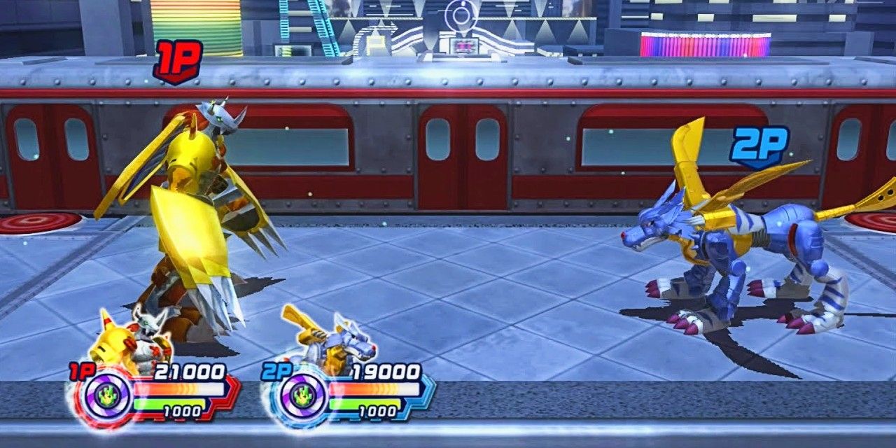 Captura de pantalla que muestra el juego Digimon All-Star Rumble con dos criaturas peleando.