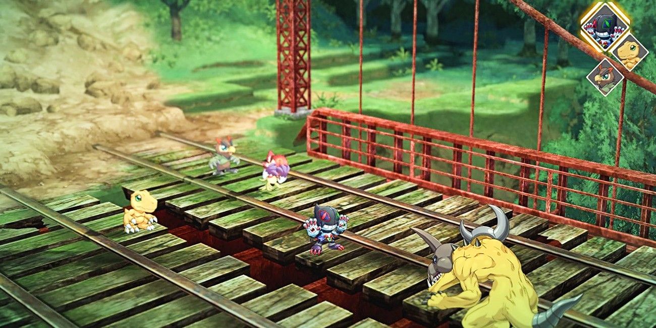 Captura de tela representando uma sequência de batalha, como vista em Digimon Survive.