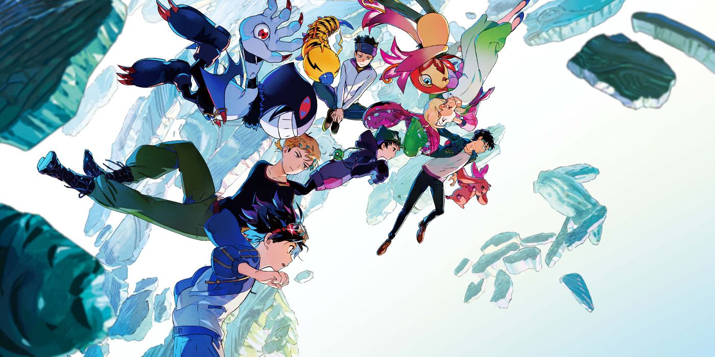 Digimon Survive's main cast floating in the sky with rocks, led by Takuma.