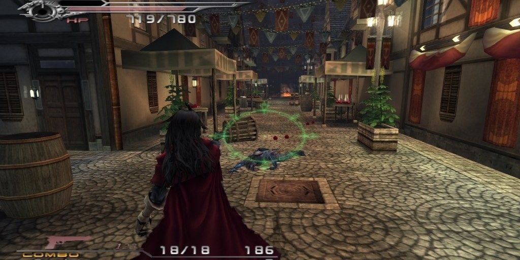 Vincent shoots through the city in Dirge of Cerberus: Final Fantasy VII