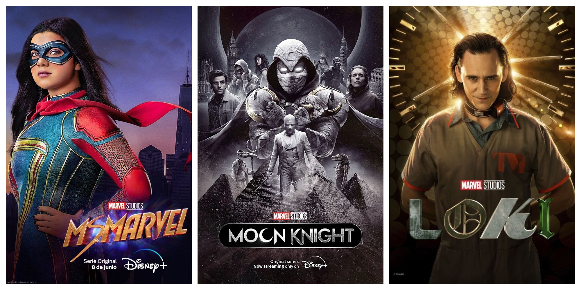 A split image of promotional posters for Ms Marvel, Moon Knight, and Loki on Disney+