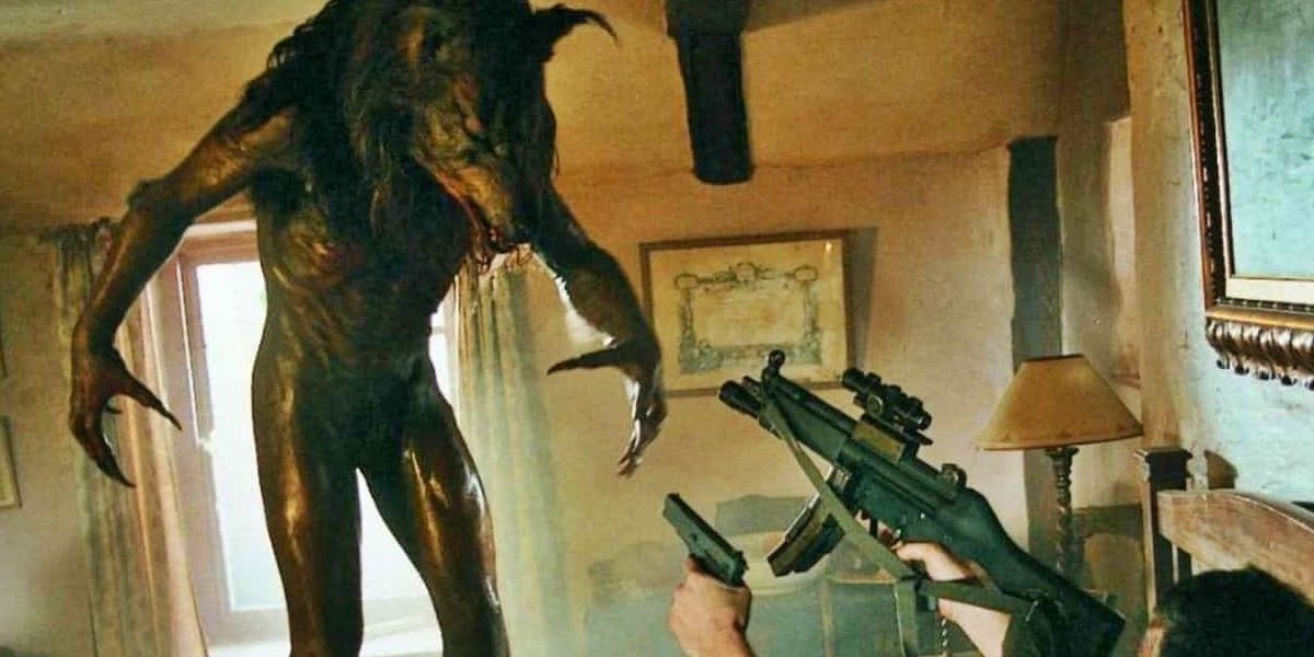 The soldiers shoot at a werewolf in Dog Soldiers