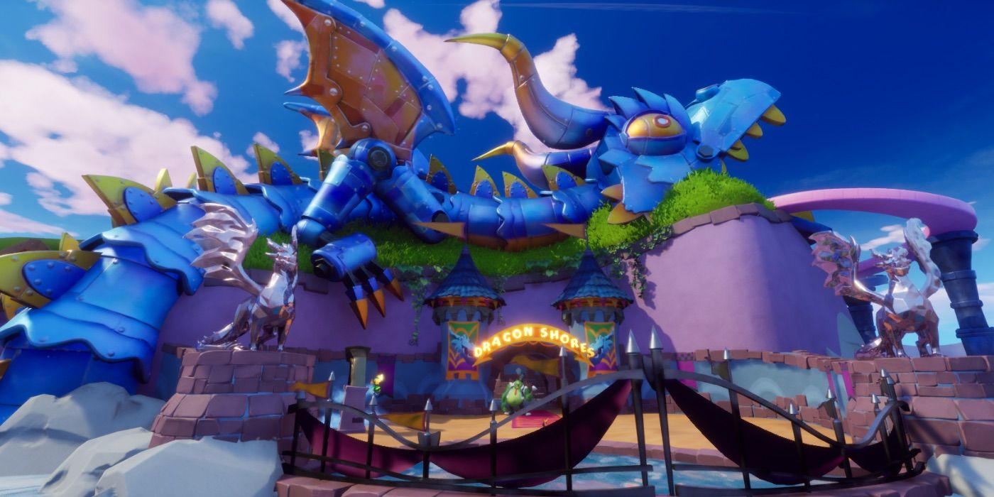 Spyro 2 Dragon Shores entrance under blue sky