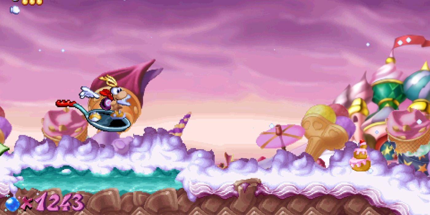 Rayman Candy Chateau riding a frying pan