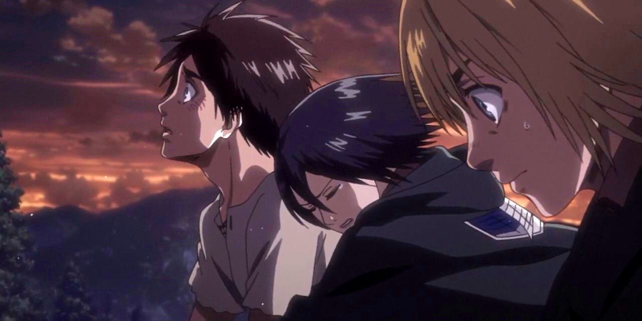 Eren, Mikasa, and Armin looking upset in Attack On Titan.
