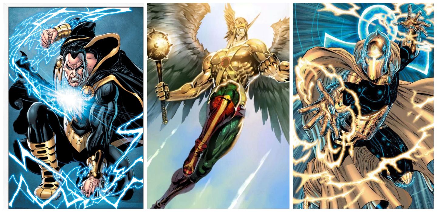 A split image of Black Adam, Hawkman, and Doctor Fate using their various powers
