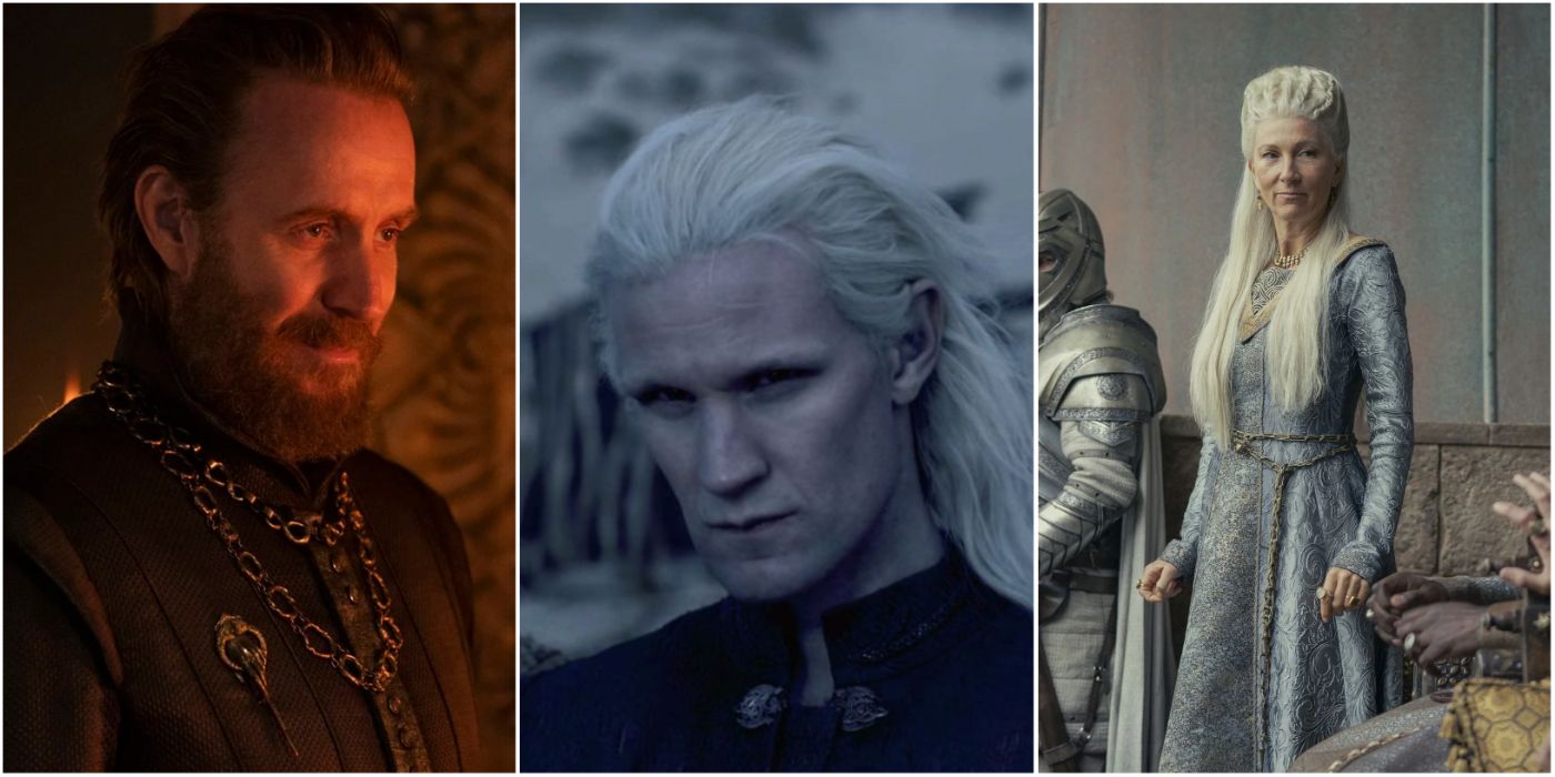 A split image of main characters from the House of the Dragon, including Otto Hightower, Rhaenys, and Daemon