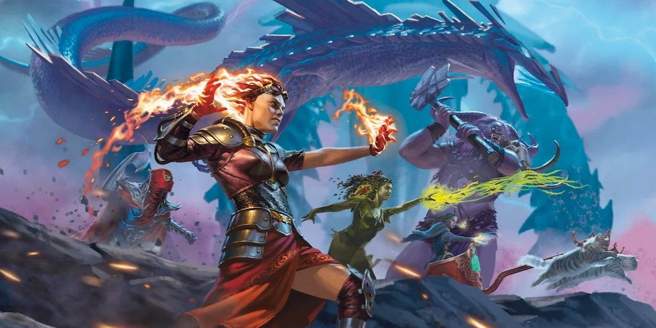 Chandra Nalaar from Magic: The Gathering (MTG) standing in front of several other lesser planeswalkers with a dragon above them