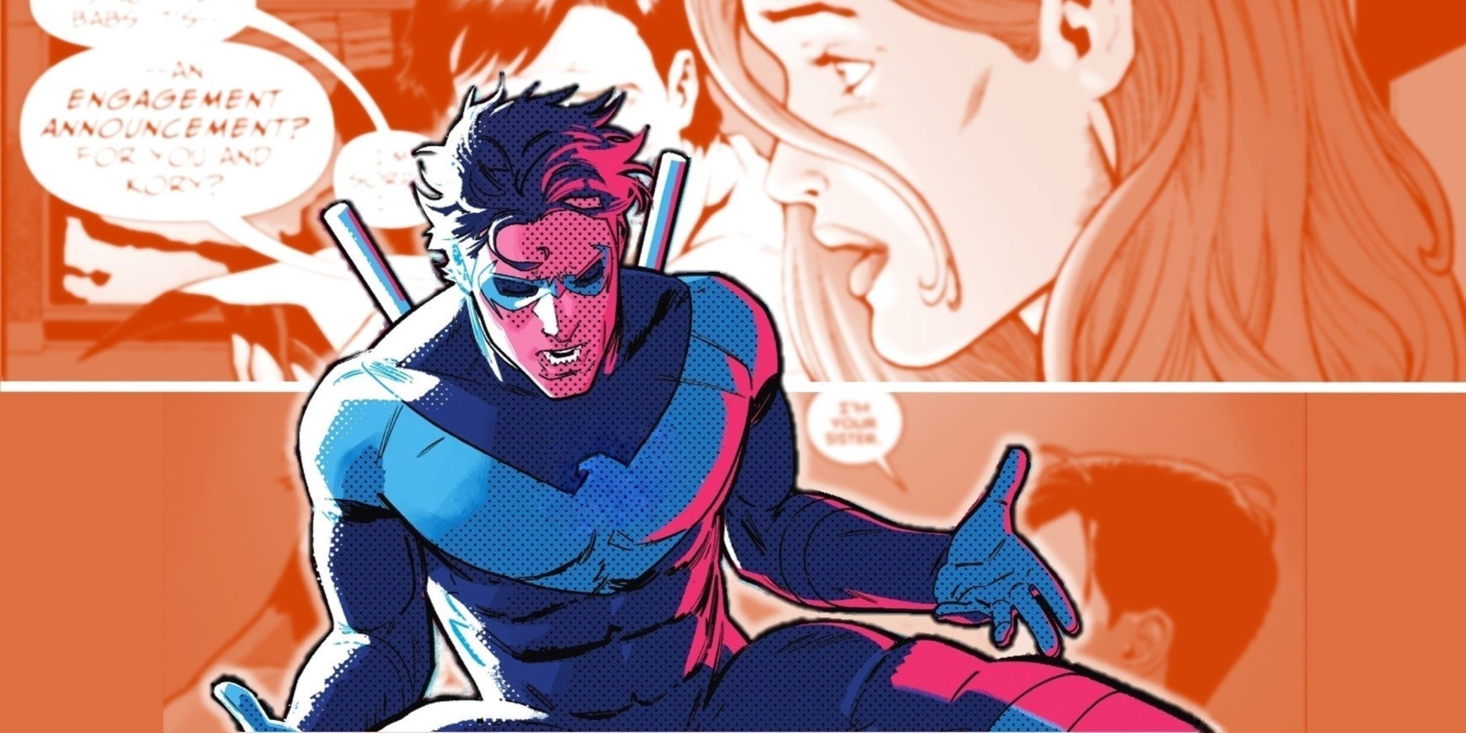 A distraught Nightwing superimposed over comics of secrets being revealed DC Comics