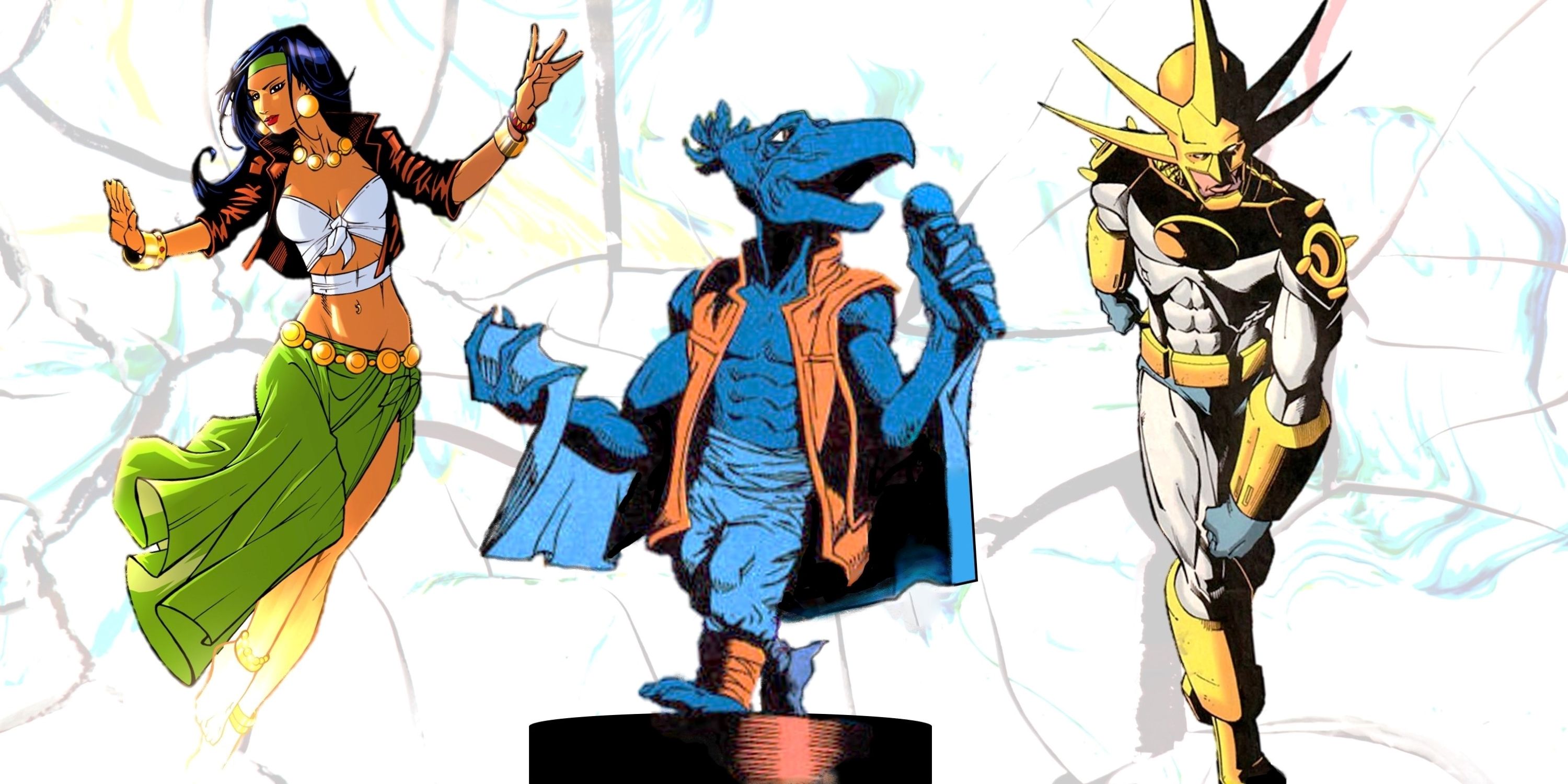 A split image of DC Comics' Gypsy, The Yazz, and Aztek