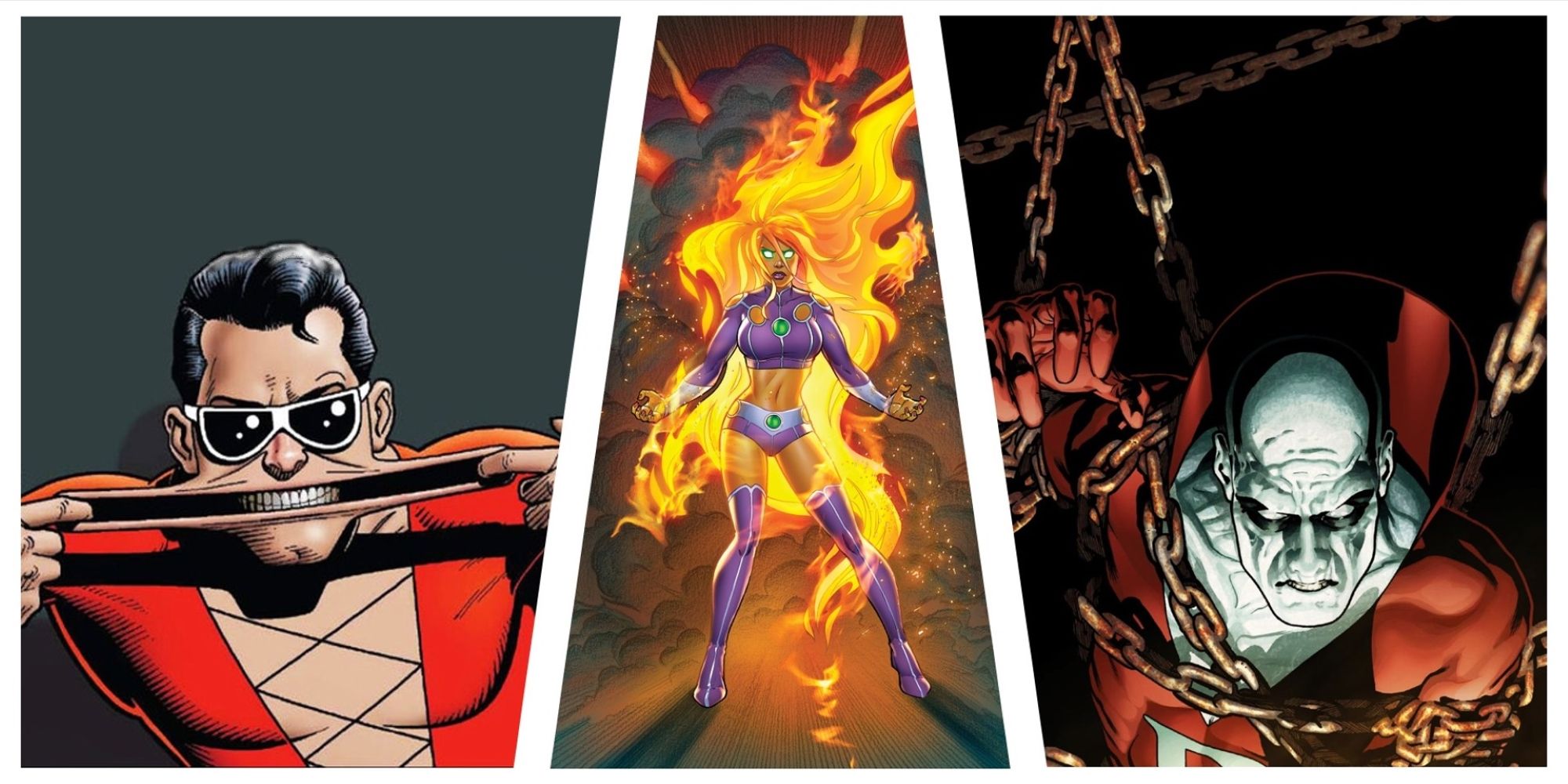 A split image of Plastic Man, Starfire, and Deadman from DC Comics