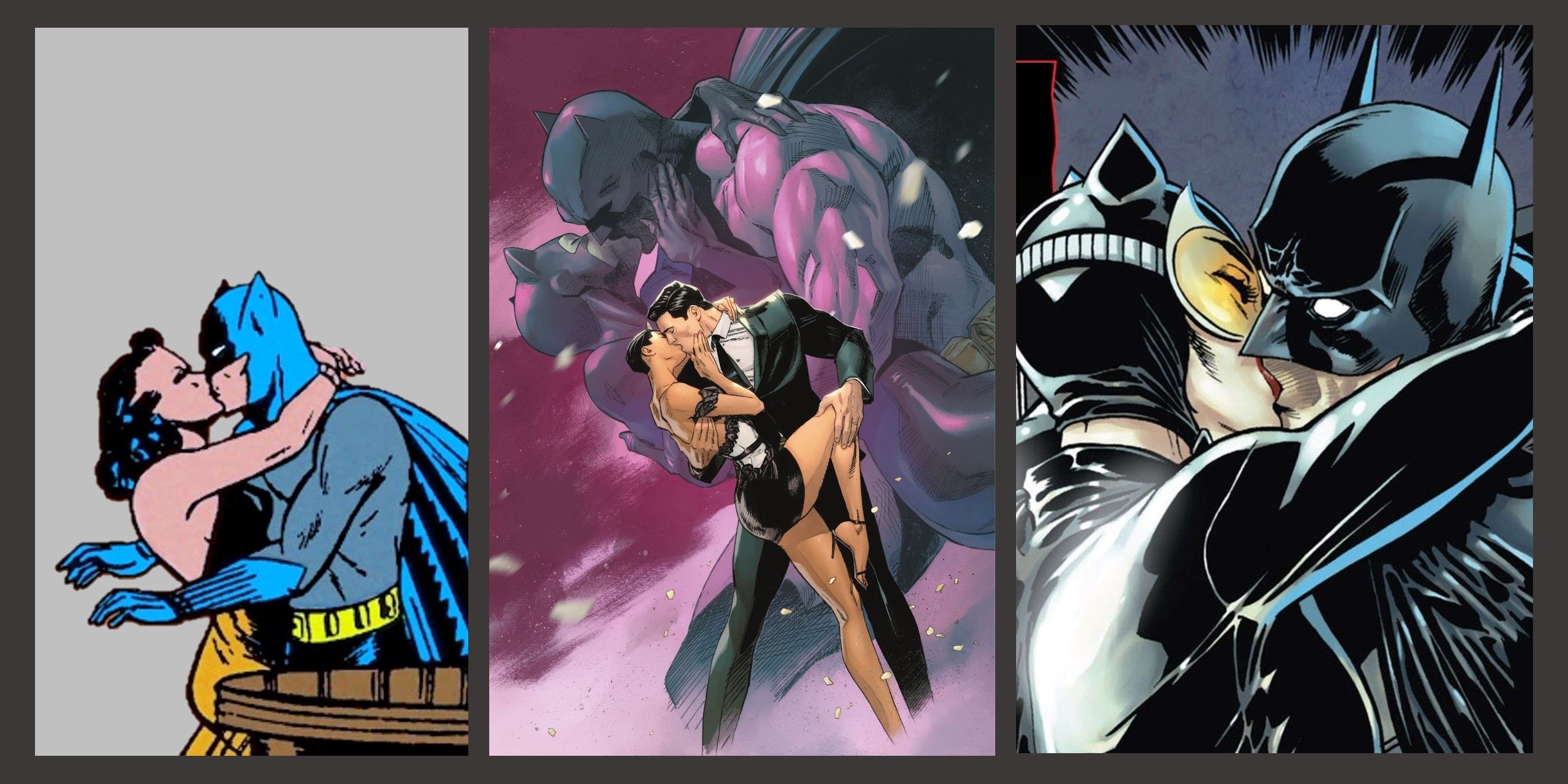 Split Image of Batman and Catwoman Kissing in different eras DC Comics
