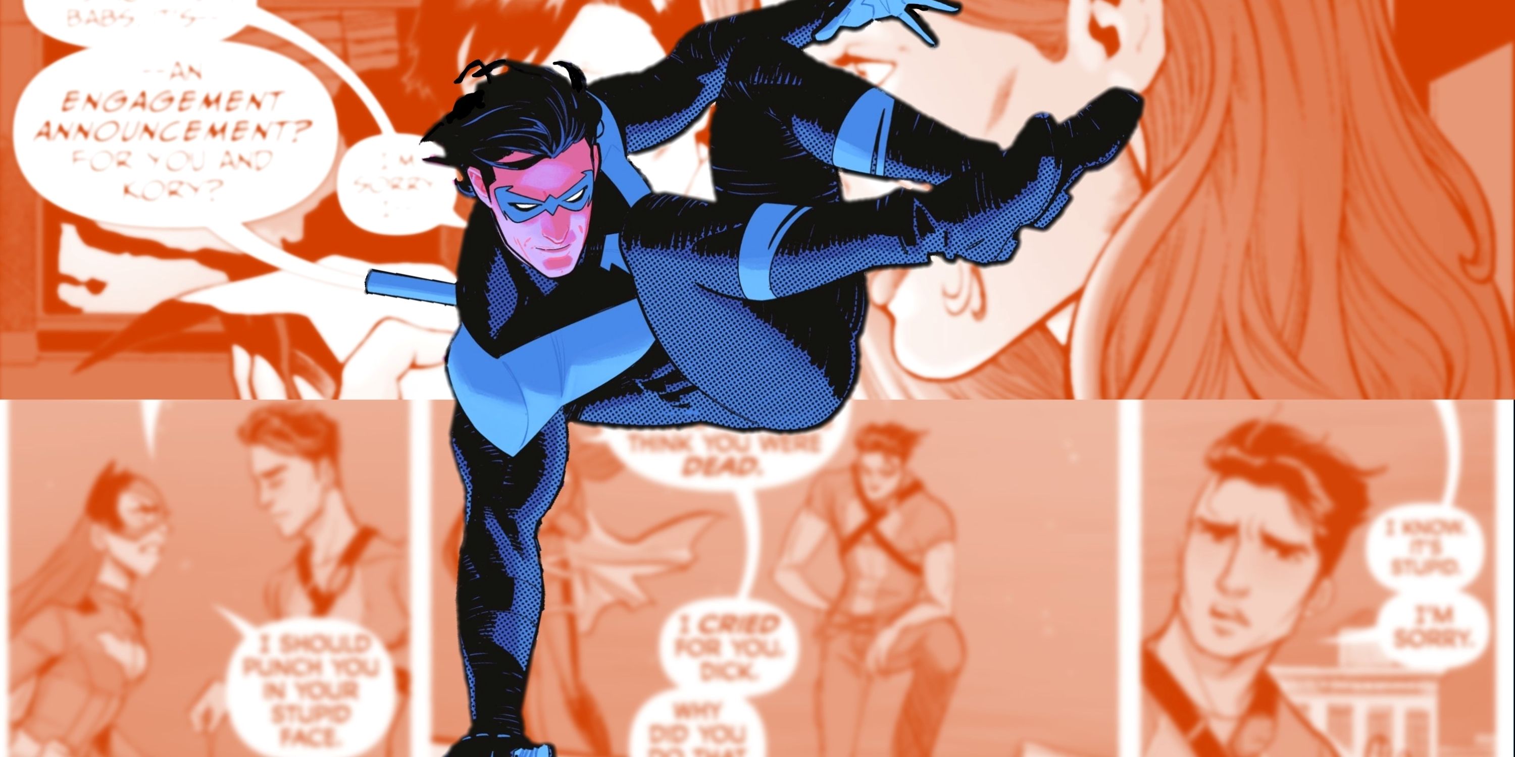 Nightwing Leaping Superimposed over comics of his secrets being revealed DC Comics