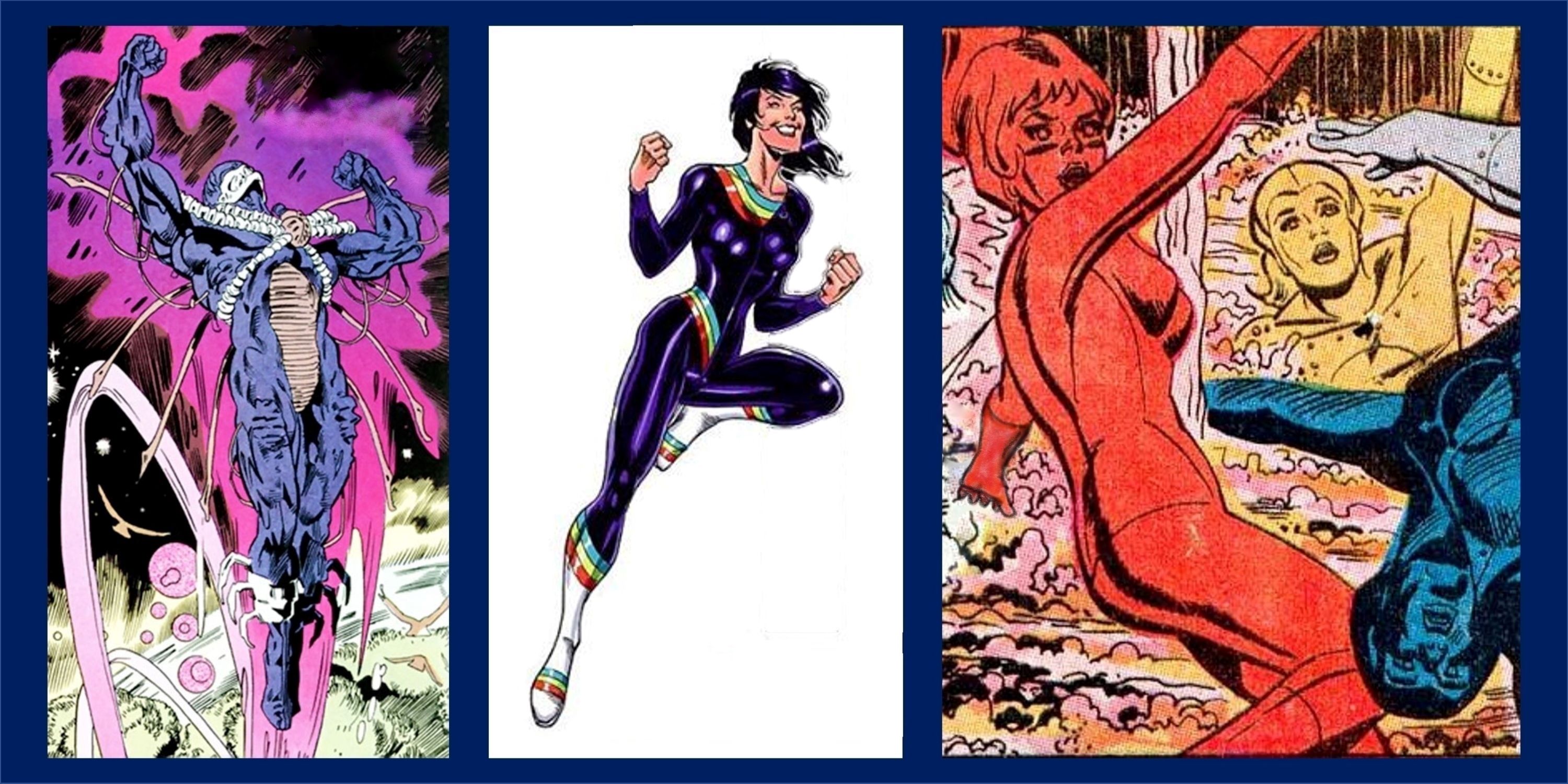 A split image of Scarab, Rainbow Girl and the Metal Women from DC Comics