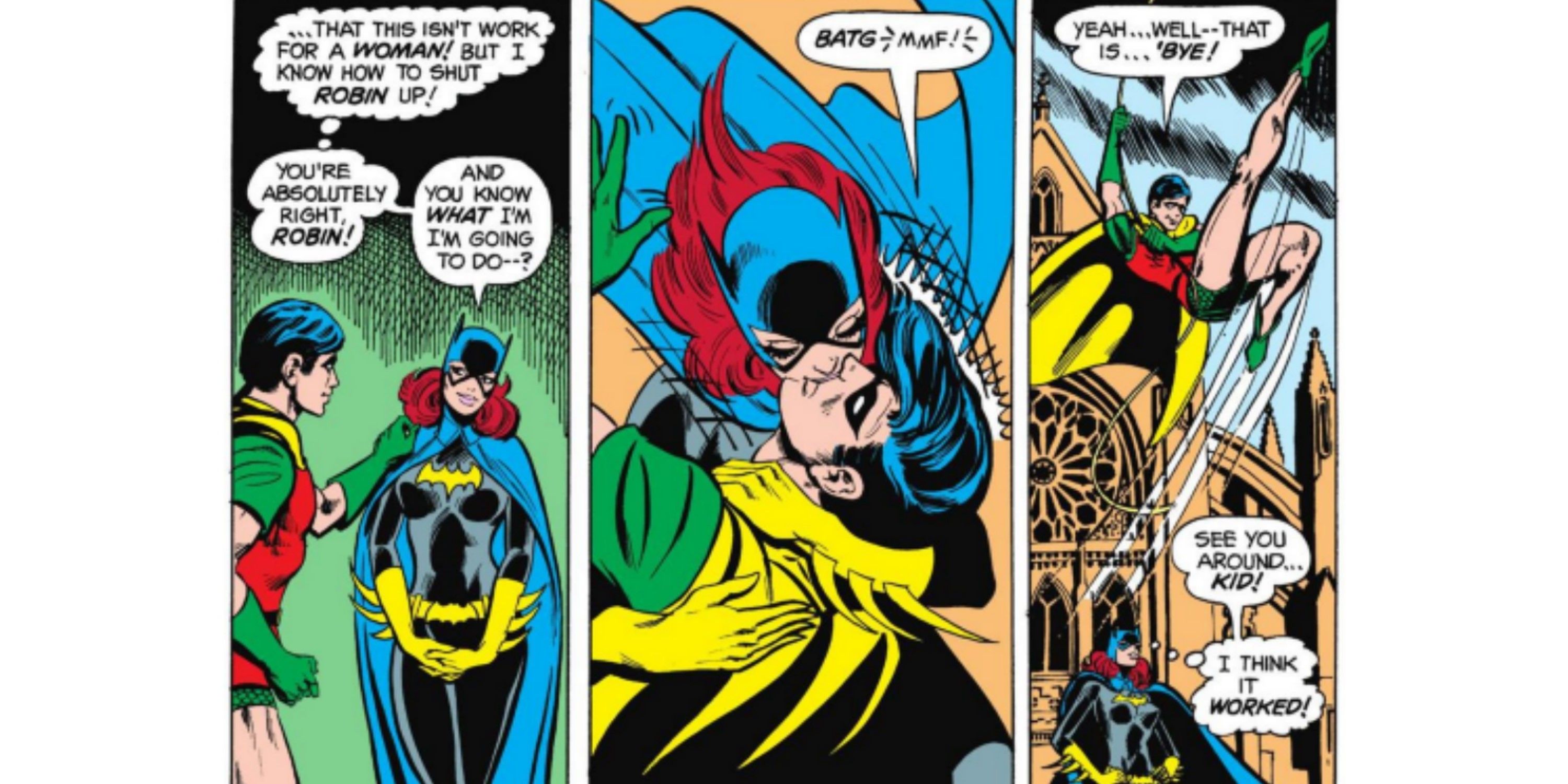 Batgirl kisses Robin to shut him up in DC Comics