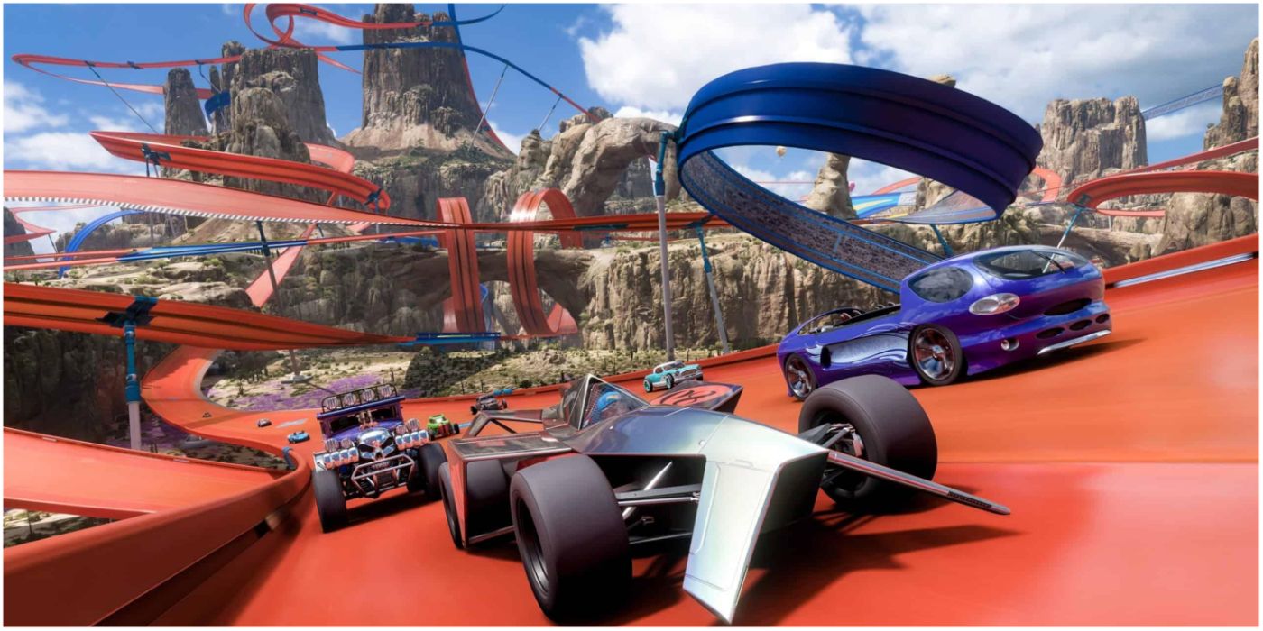 Several race cars compete in the Forza Horizon 5 Hot Wheels Expansion.
