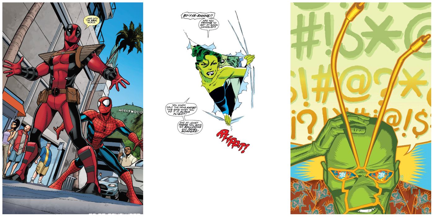 Deadpool, Spider-Man, She-Hulk, and Ambush Bug in forth wall breaking comics