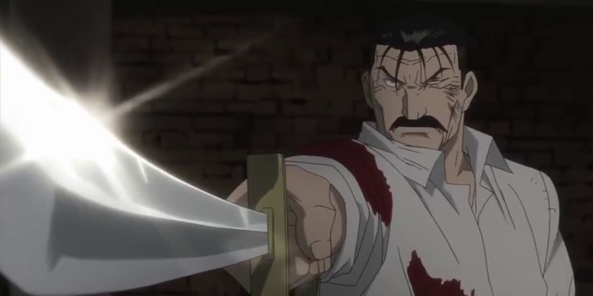 Fullmetal Alchemist Brotherhood - King Bradley pointing his sword as he bleeds