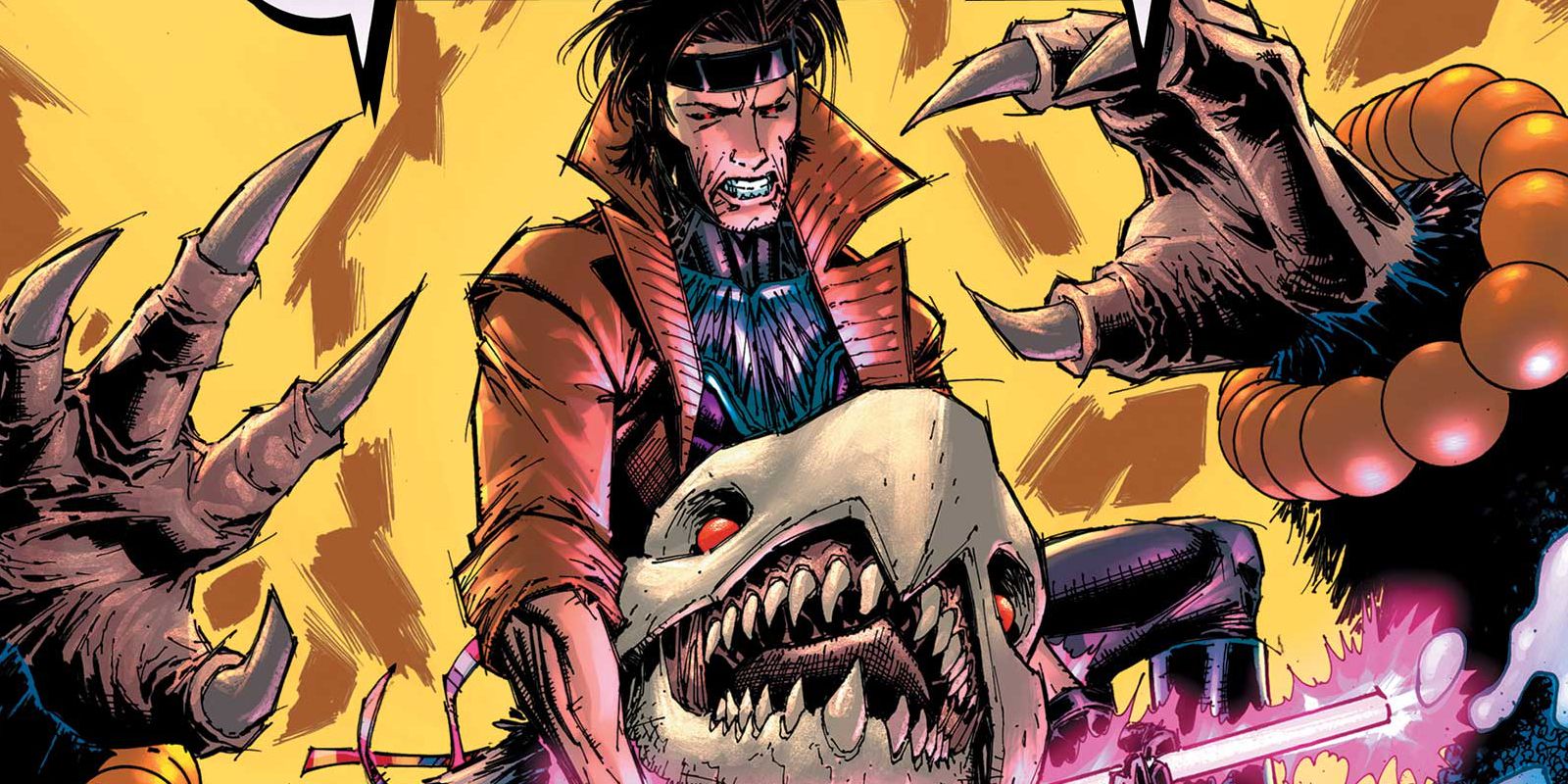 Marvel Comics' Gambit choking out a monster with his quarterstaff