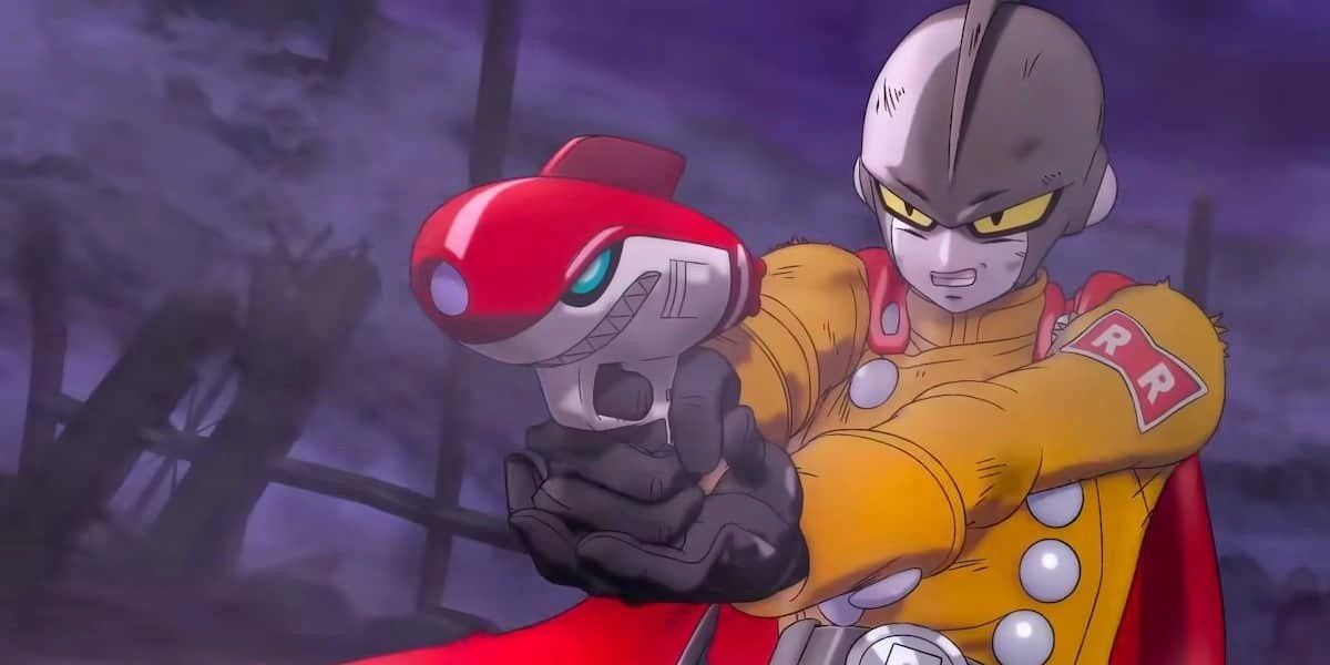 Gamma 1 aiming his gun during his fight with Gohan in Dragon Ball Super: Super Hero.