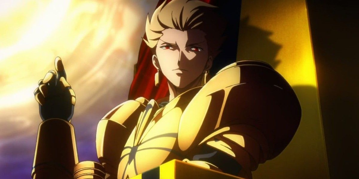 Gilgamesh prepares to attack Lancelot in Fate/zero.