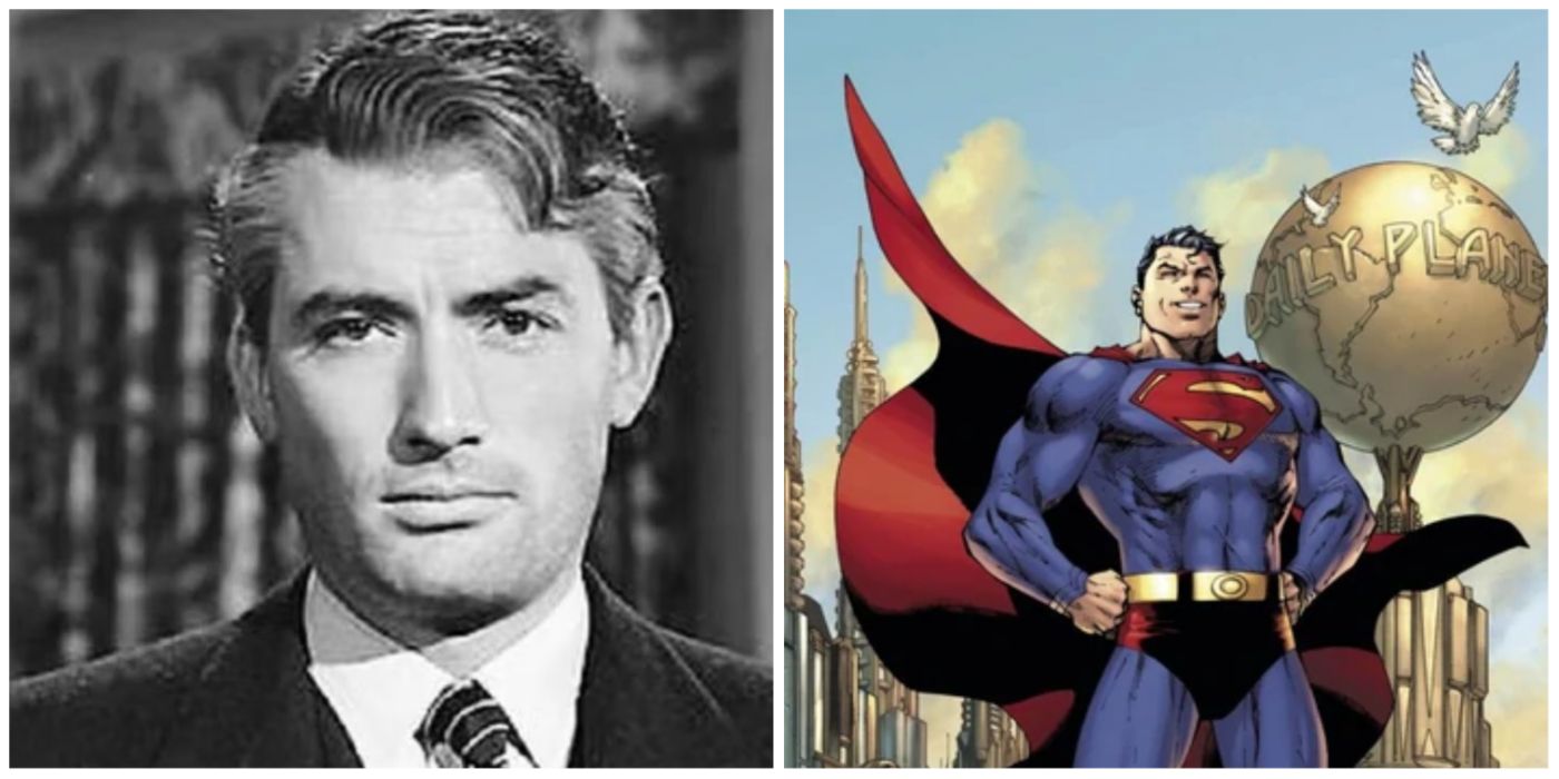 Gregory Peck and. an image of Superman from the comics