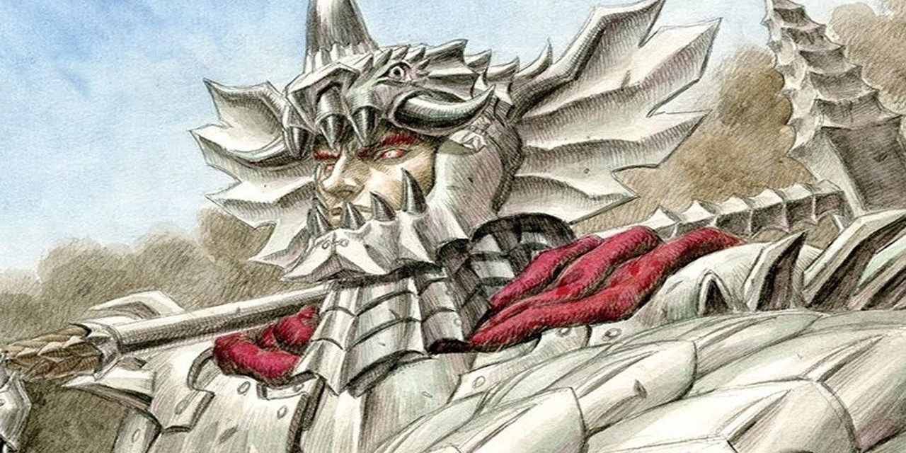 Grunbeld from Berserk in armor, manga art.