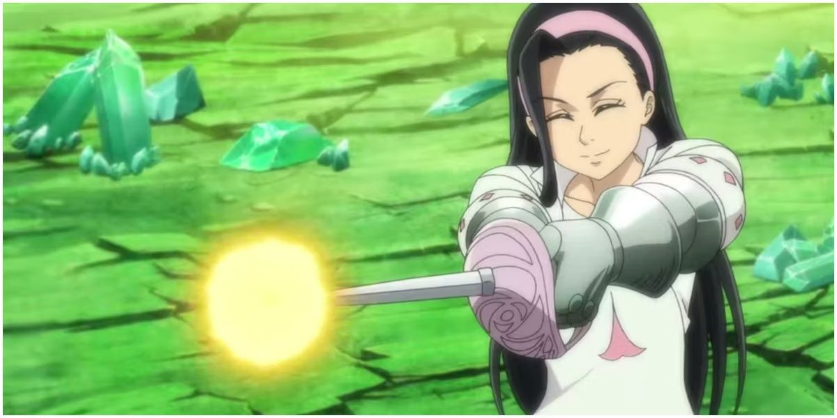 Guila launches an attack with her eyes closed in The Seven Deadly Sins.