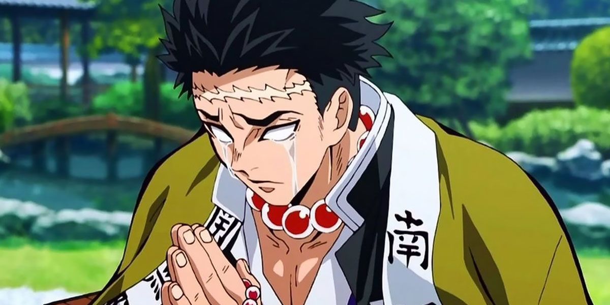 Gyomei Himejima crying with his palms together in Demon Slayer.