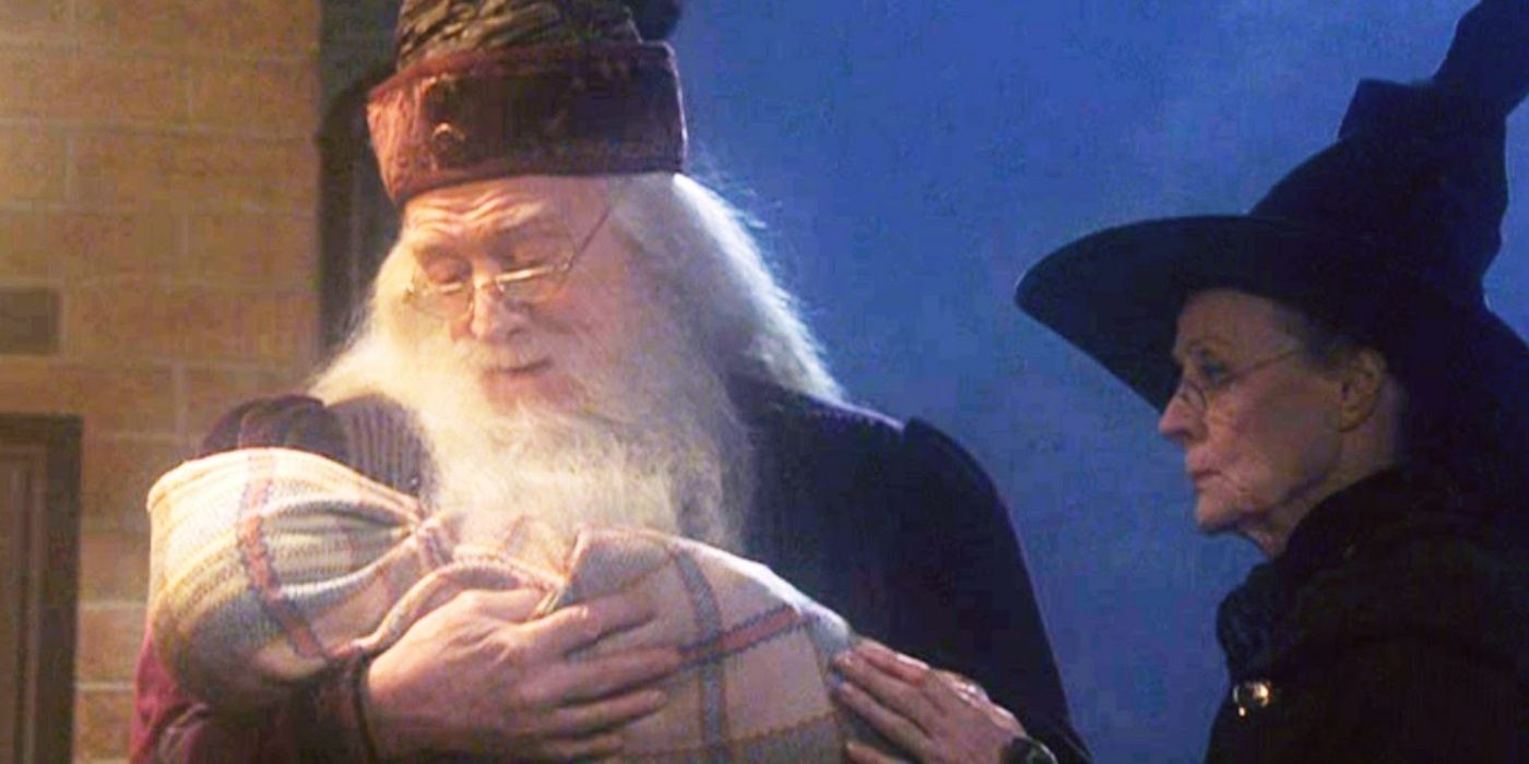 Dumbledore dropping Harry Potter off at the Dursleys as a baby