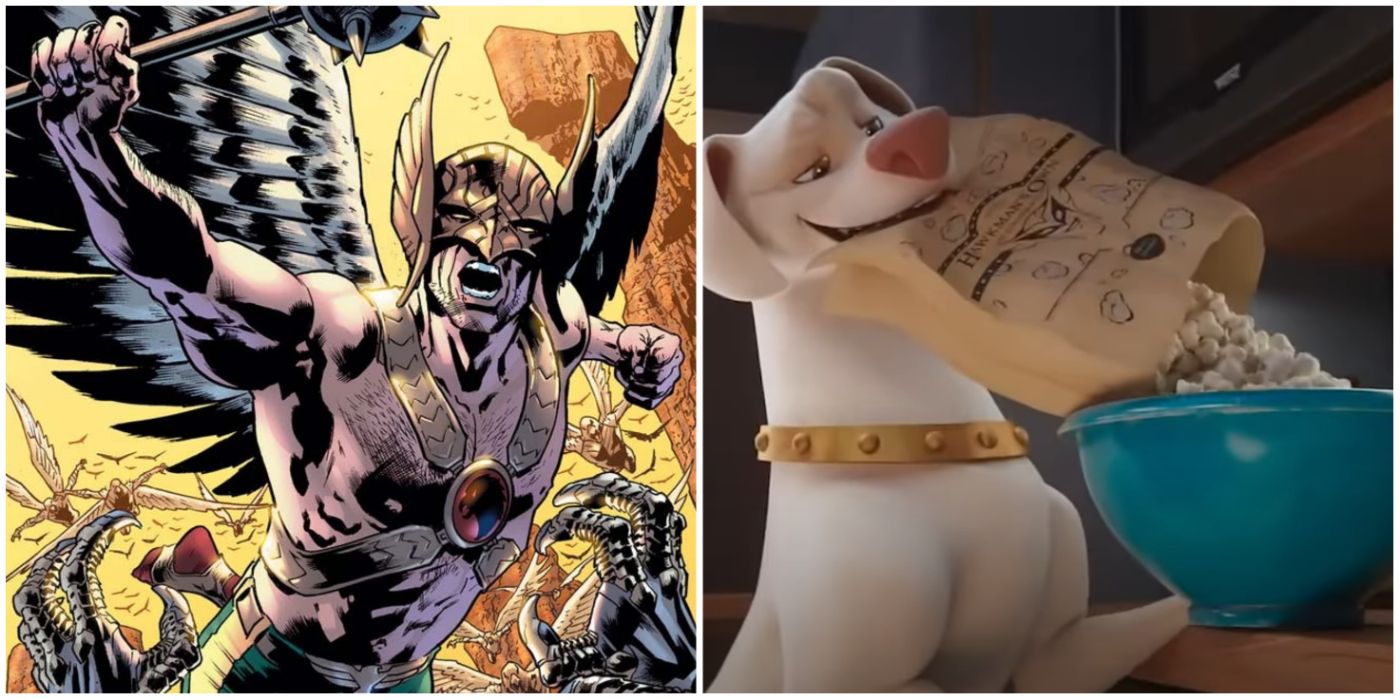 Hawkman in DC comics and Krypto pouring popcorn in Super Pets