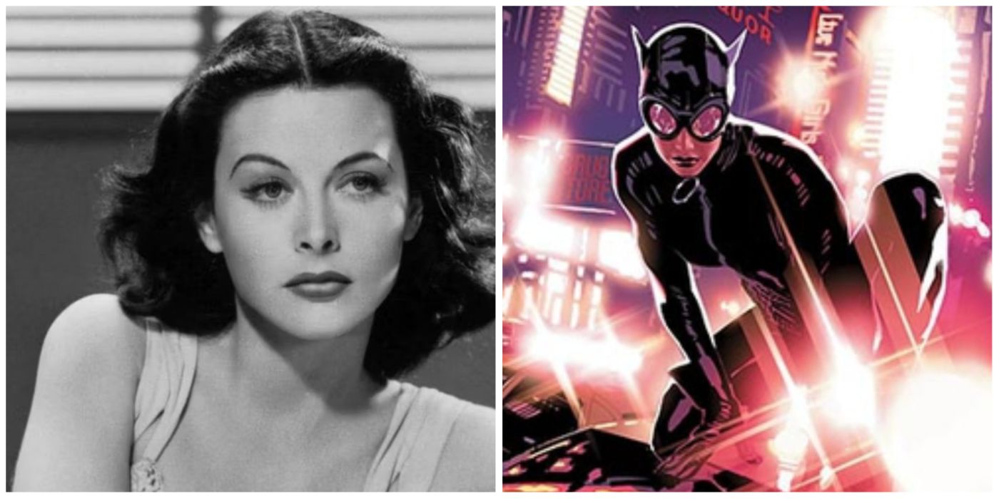 Hedy Lamarr and an image of Catwoman from DC comics