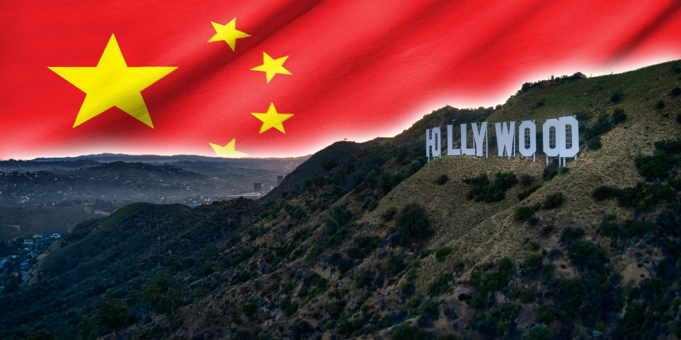 The Chinese flag behind the Hollywood in California.