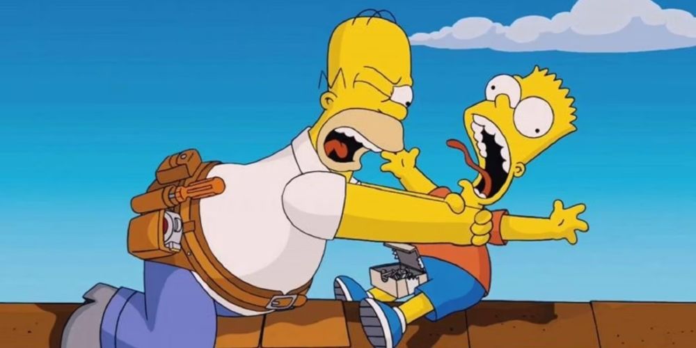 Homer strangling Bart in the Simpsons