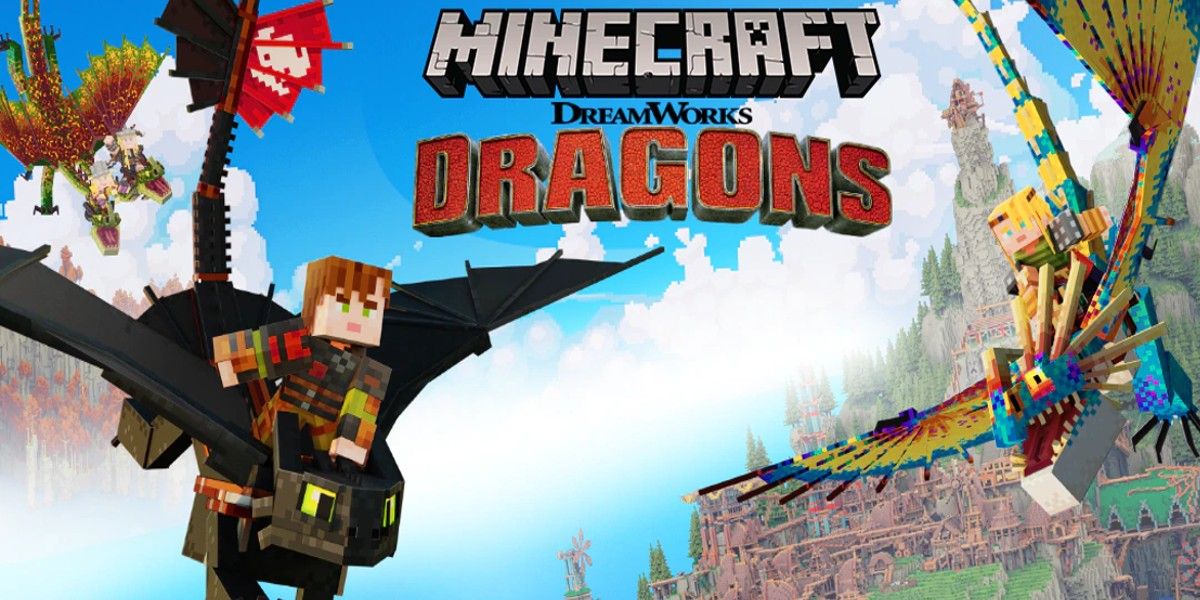 Hiccup and Astrid riding their dragons in the How to Train Your Dragon Minecraft mash-up pack.
