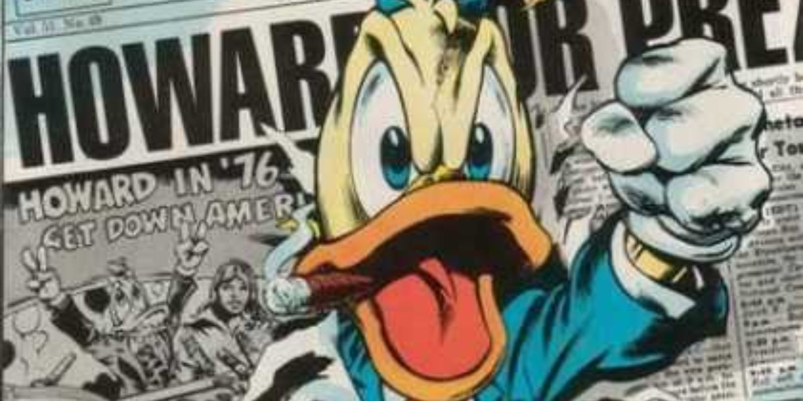 An image of Howard the Duck bursting through a newspaper in Marvel Comics