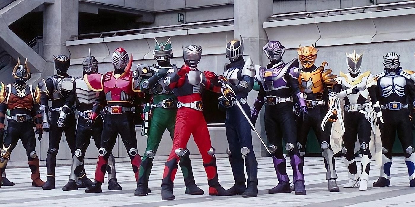 The whole team from Kamen Rider: Dragon Knight lined up and posing with their suits and weapons