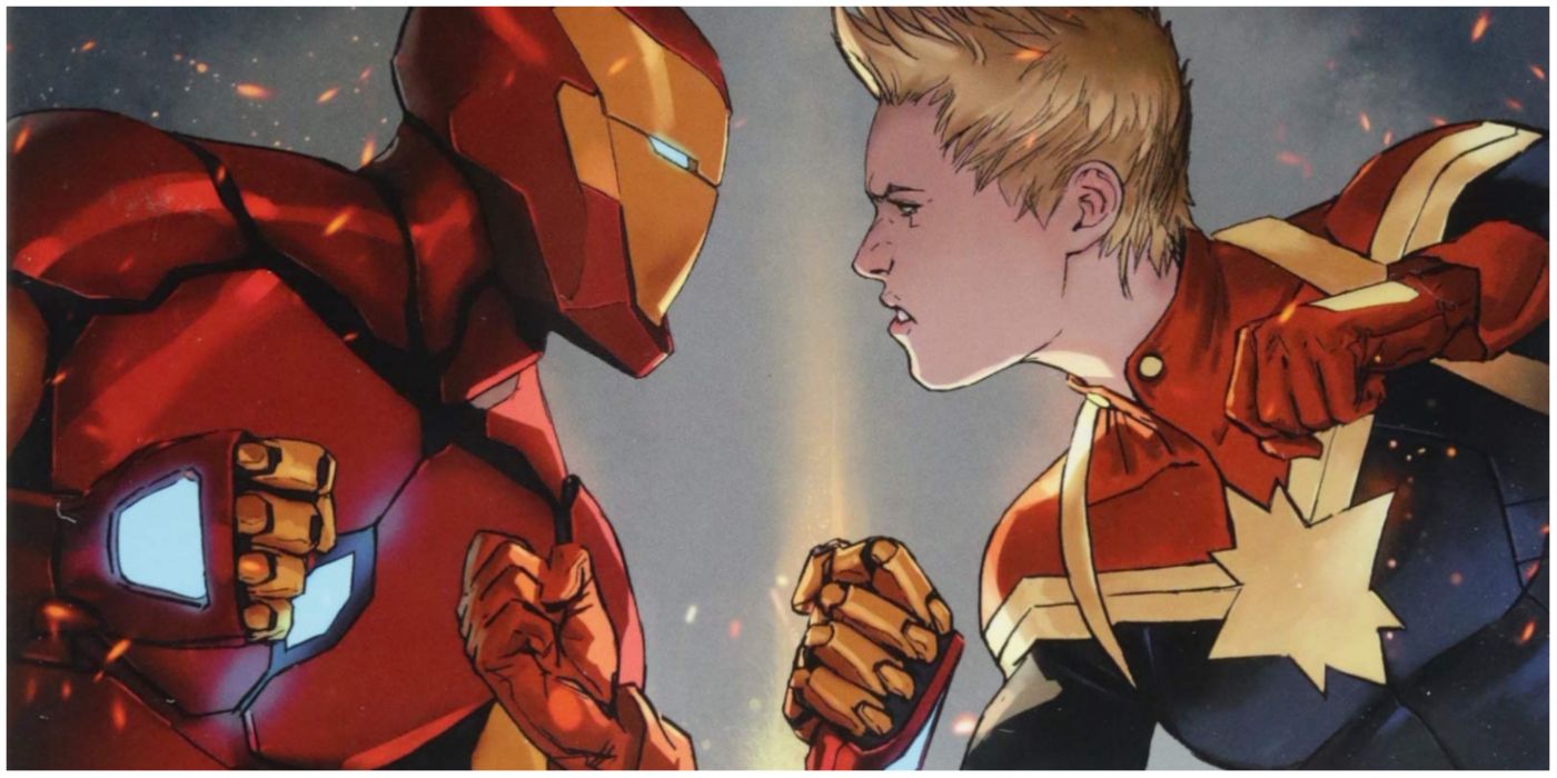 Iron Man and Captain Marvel facing off in Civil War II from Marvel Comics.