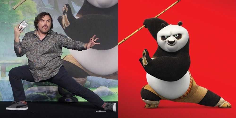 A split image of Jack Black and Po from the Kung Fu Panda series