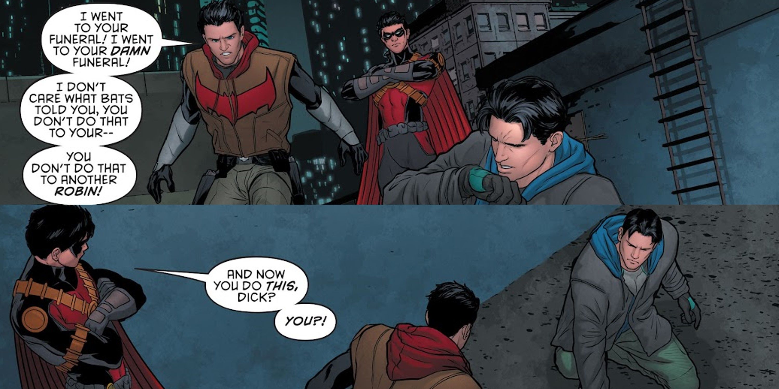 Jason Todd and Tim Drake confront Nightwing about the way he faked his own death in DC Comics