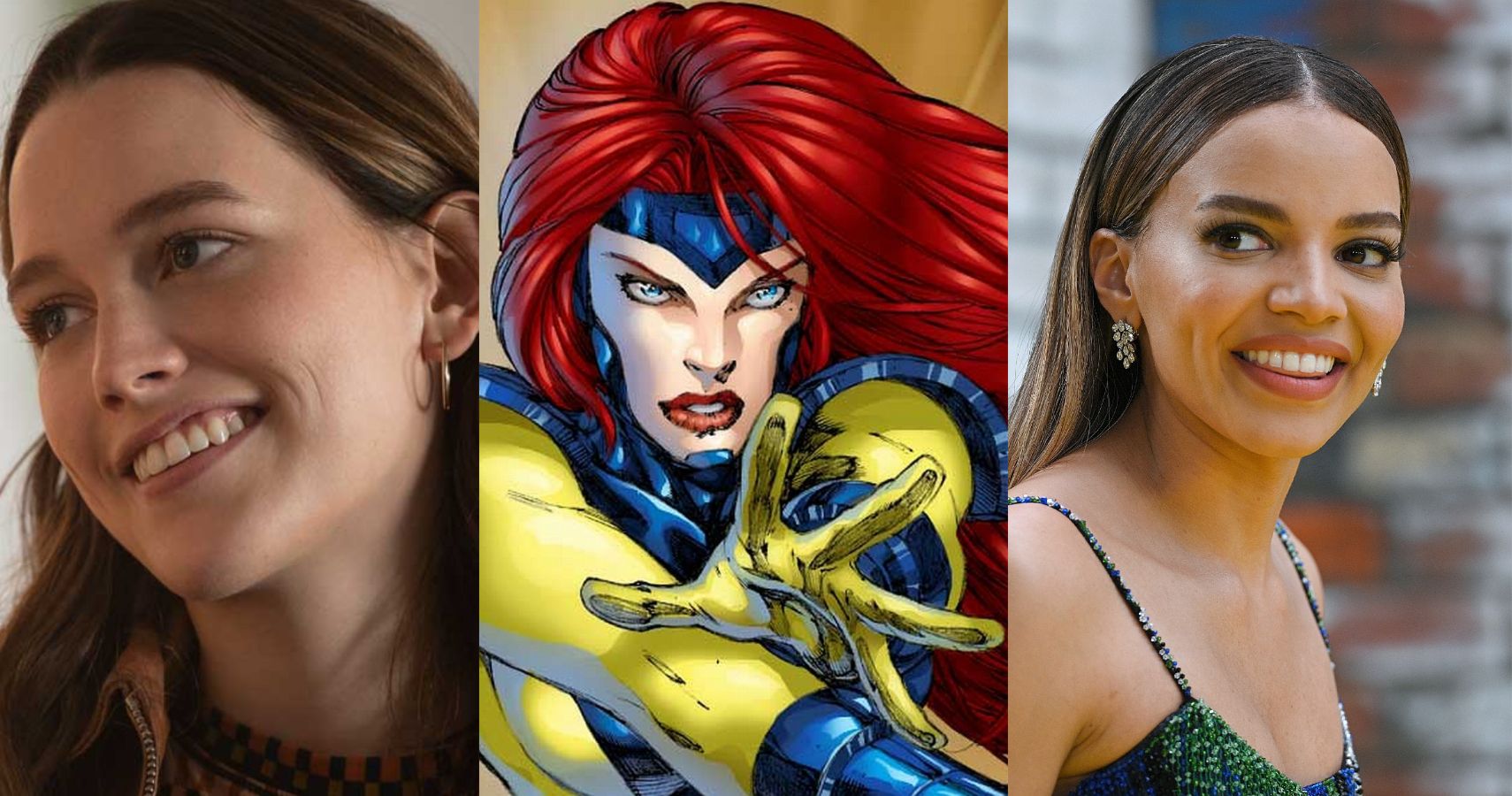 A combined feature image featuring an image of Jean Grey next to actresses Victoria Pedretti and Leslie Grace.