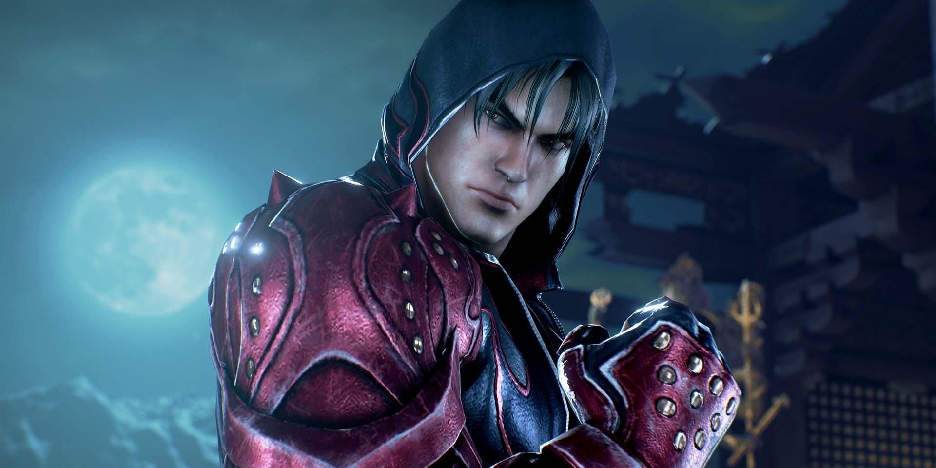 Jin Kazama wearing a hooded outfit and looking back over his shoulder in Tekken 7