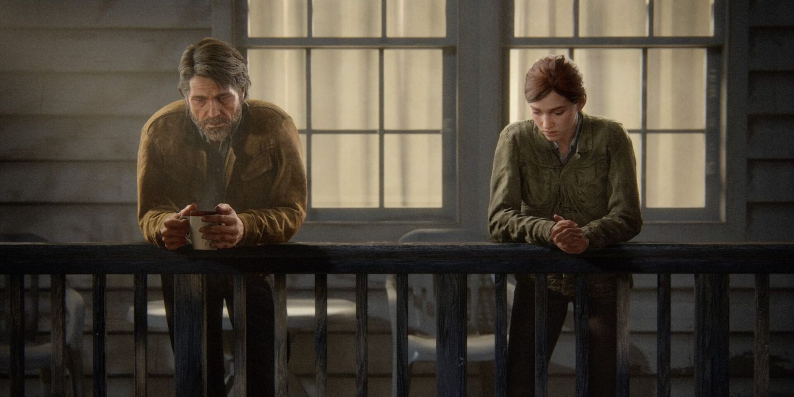 Joel and Ellie share a drink on Joel's porch in The Last of Us Part II