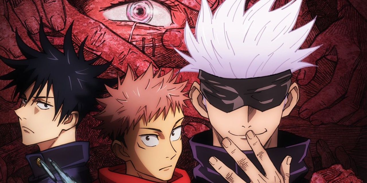 Megumi, Yuji, and Gojo from Jujutsu Kaisen with Mahito's eye in the background.