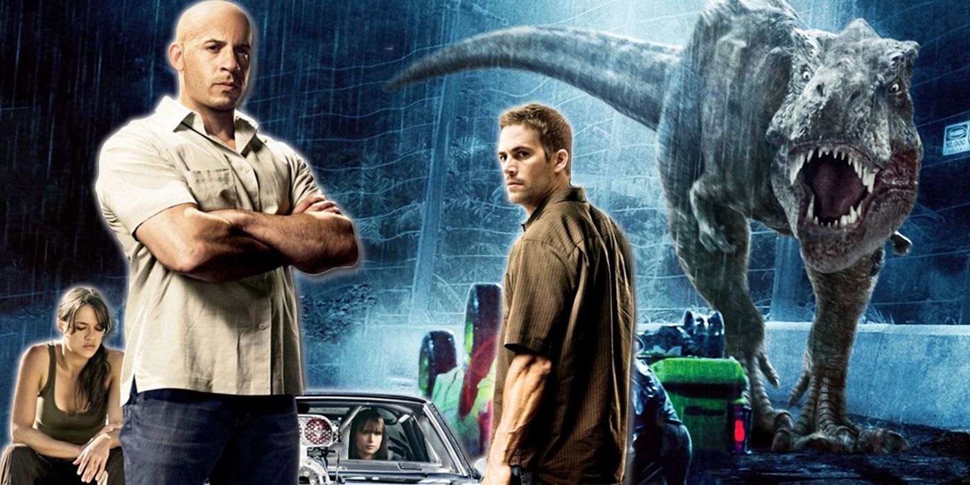 Fast and Furious characters over Jurassic Park poster