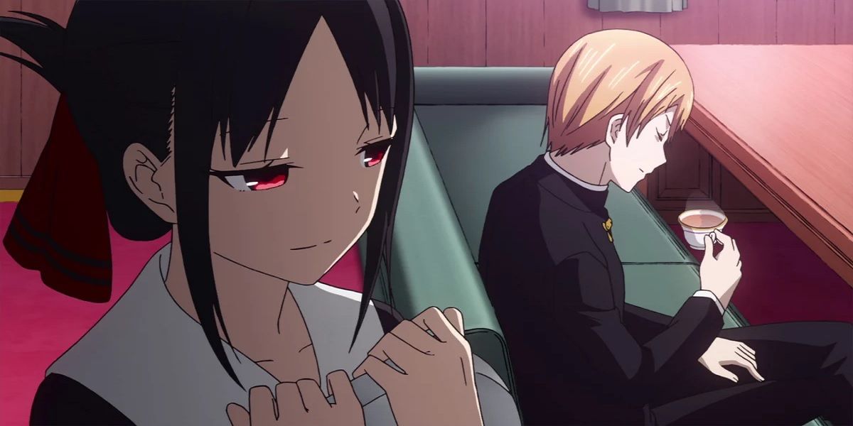 Kaguya looks over her shoulder at her rival in Kaguya-Sama: Love Is War.