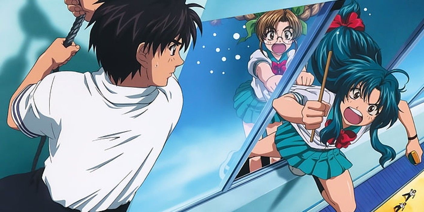Kaname and Sosuke argue while hanging outside of the window In Fullmetal Panic Fumoffu