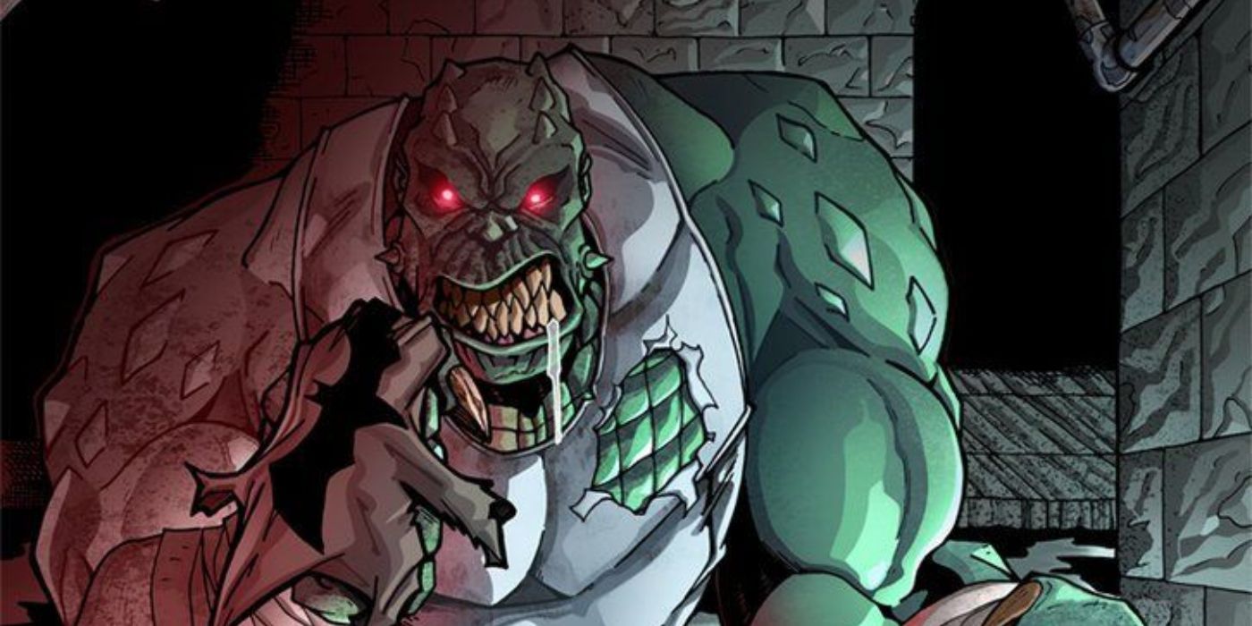 An image of DC Comics' Killer Croc snarling in the sewers