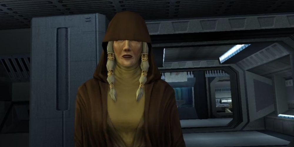 Kreia wearing a hood in Star Wars: Knights of the Old Republic II: The Sith Lords.