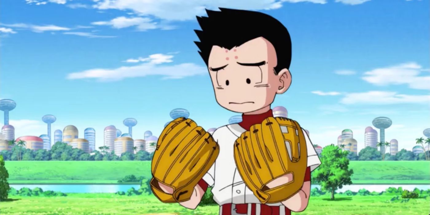 Krillin looks sad during baseball in Dragon Ball Super